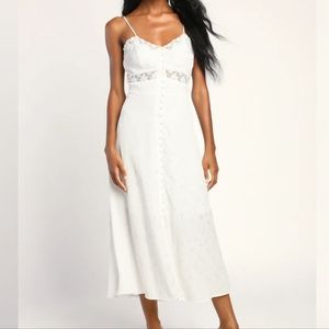Classically Elegant White Satin Jacquard Lace Midi Dress- $78